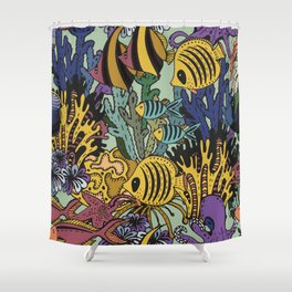 vintage colorful seamless sea pattern with tropical fishes, stars, jellyfishes, algae, corals. Underwater world.  Shower Curtain