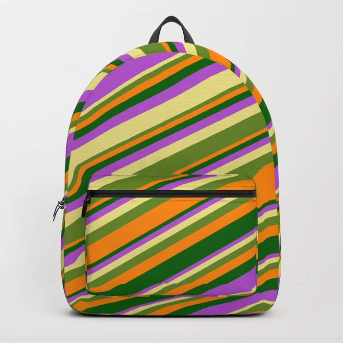 Tan, Green, Dark Orange, Dark Green & Orchid Colored Lines Pattern Backpack