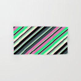 [ Thumbnail: Eyecatching Dark Slate Gray, Hot Pink, Green, Beige, and Black Colored Lines Pattern Hand & Bath Towel ]