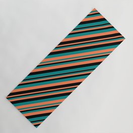 [ Thumbnail: Black, Dark Cyan & Coral Colored Striped Pattern Yoga Mat ]