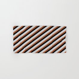 [ Thumbnail: Light Grey, Sienna, and Black Colored Striped/Lined Pattern Hand & Bath Towel ]