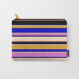 [ Thumbnail: Colorful Blue, Bisque, Goldenrod, Orchid, and Black Colored Stripes Pattern Carry-All Pouch ]