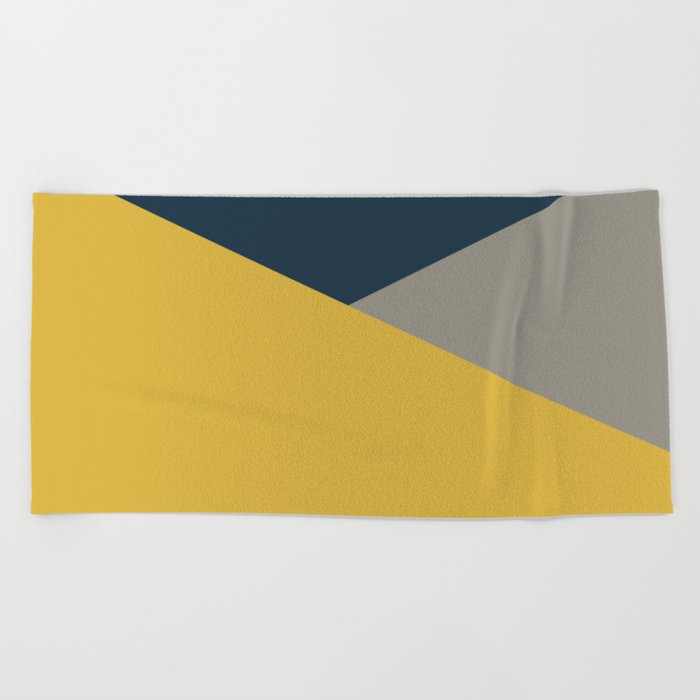 Envelope - Minimalist Geometric Color Block in Light Mustard Yellow, Navy Blue, and Gray Beach Towel