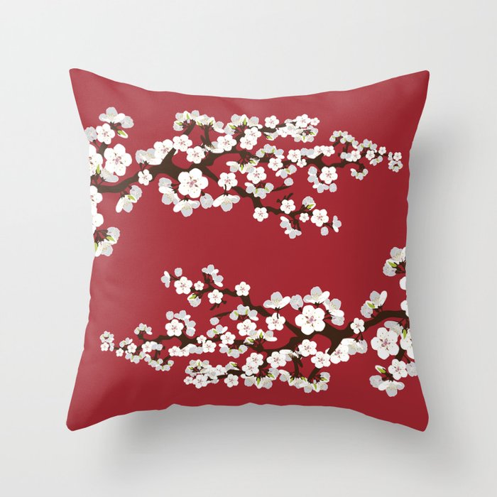 Japanese Sakura Cherry Blossoms red Throw Pillow
