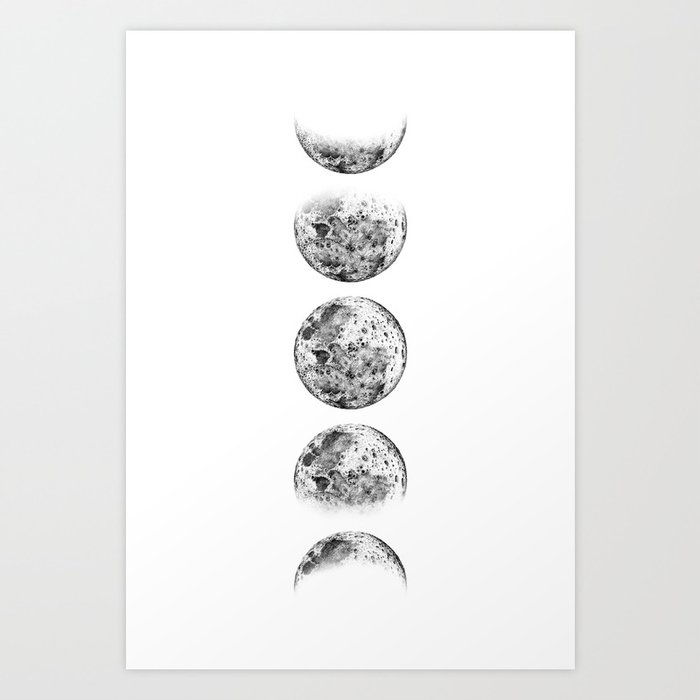 Pencil Drawing Moon Phases - White Background Art Print