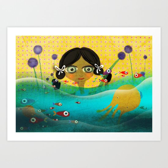Fishes surfing lovely Doll Art Print