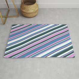 [ Thumbnail: Blue, Plum, Dark Slate Gray, and Mint Cream Colored Lined/Striped Pattern Rug ]