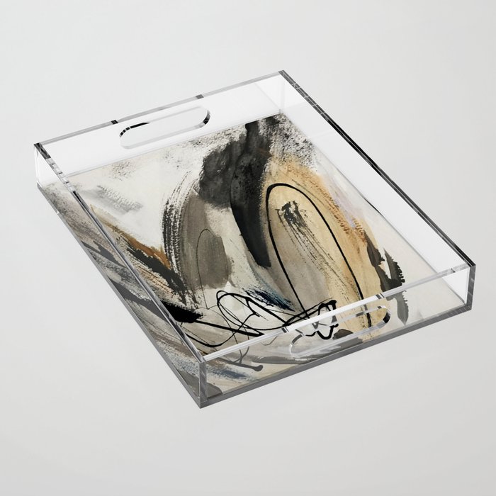Drift [5]: a neutral abstract mixed media piece in black, white, gray, brown Acrylic Tray