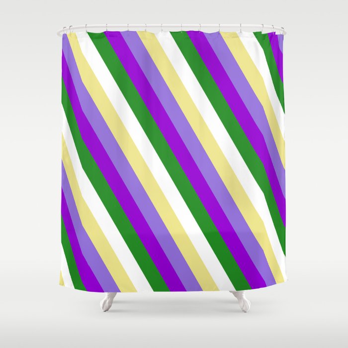 Colorful Tan, Purple, Dark Violet, Forest Green, and White Colored Stripes/Lines Pattern Shower Curtain