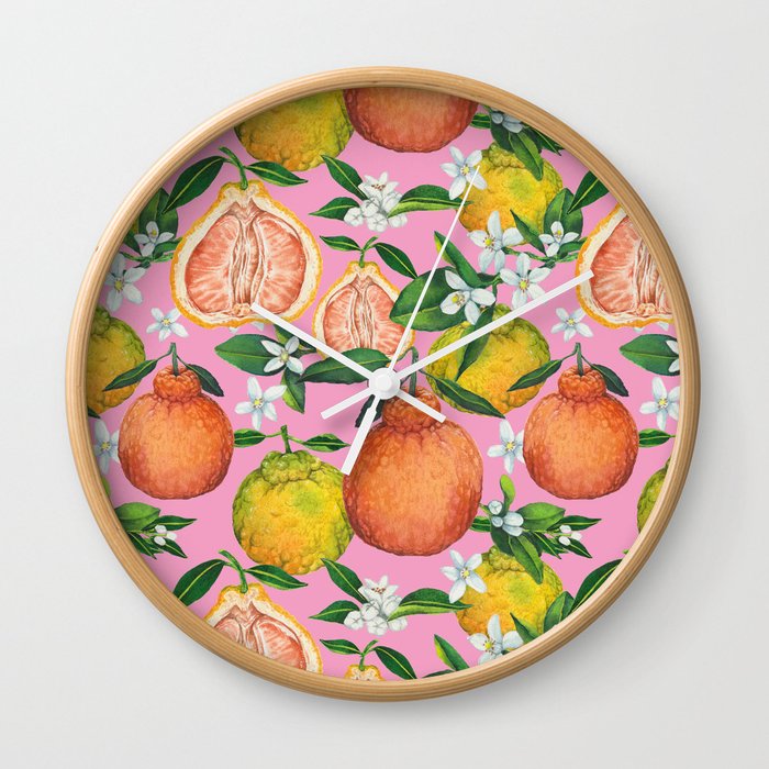 Fresh orange plant florals - pink Wall Clock