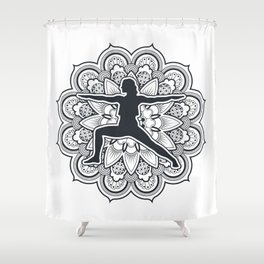 Black and white drawing of a woman silhouette doing yoga in front of a mandala Shower Curtain