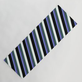 [ Thumbnail: Vibrant Light Sky Blue, Slate Blue, Dark Slate Gray, Mint Cream & Black Colored Lined Pattern Yoga Mat ]
