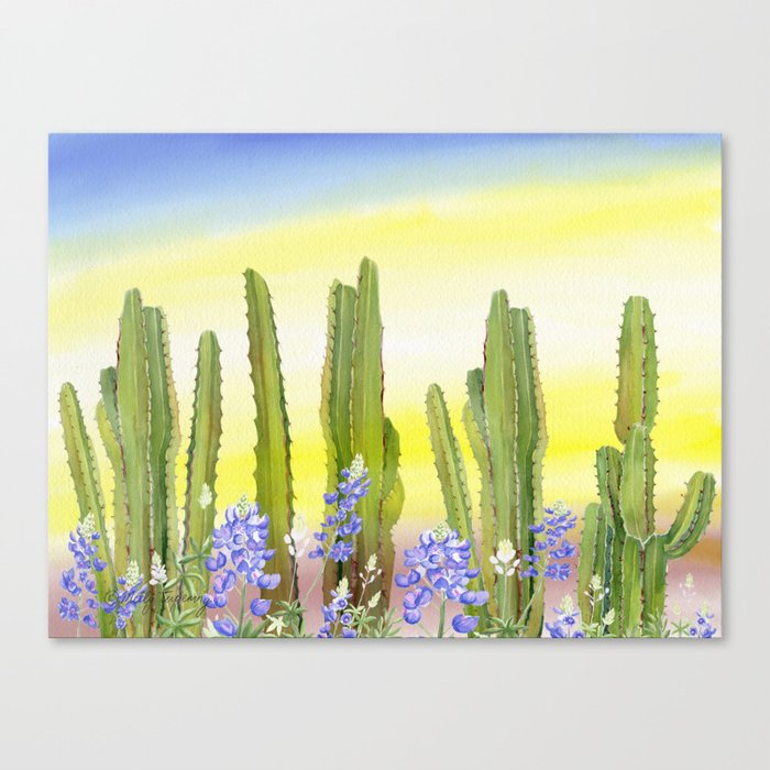 Tall Cactus and Bluebonnet Canvas Print