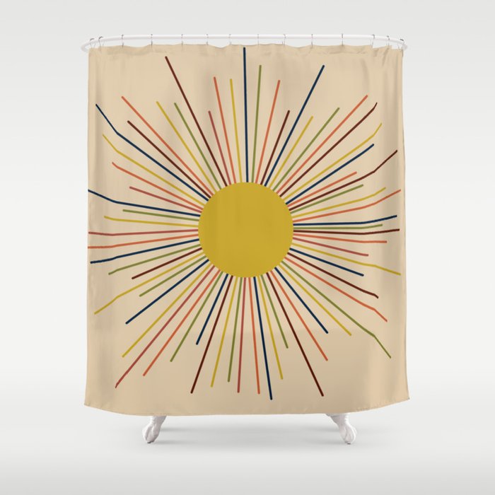 Mid-Century Modern Sunburst - Minimalist Abstract Sun in Mid Mod Mustard, Orange, Olive, Blue, and Beige Shower Curtain