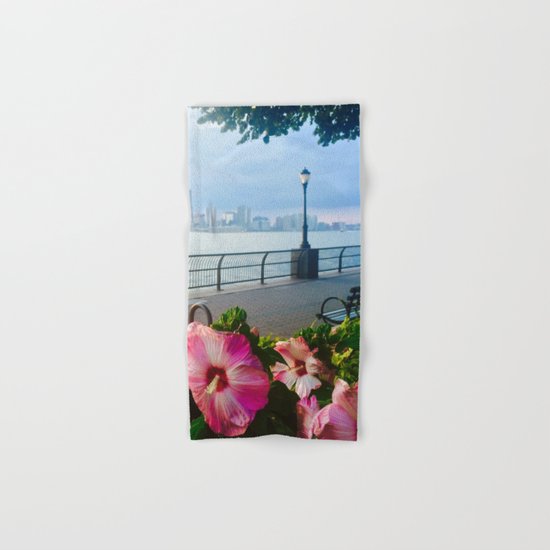 Battery Park New York City Skyline with Pink Hibiscus Flowers Hand & Bath Towel
