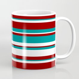 [ Thumbnail: Dark Red, Dark Cyan, and White Colored Striped Pattern Coffee Mug ]