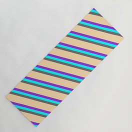 [ Thumbnail: Purple, Cyan, Dim Gray & Tan Colored Lined/Striped Pattern Yoga Mat ]