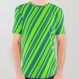 [ Thumbnail: Chartreuse & Teal Colored Stripes/Lines Pattern All Over Graphic Tee ]