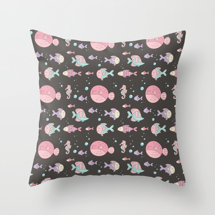 Modern hand painted pink teal lavender nautical fishes Throw Pillow