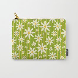 Bohemian Retro 70s Groovy Daisy Pattern with Golden Stripes , Hand-painted in Fresh Meadow Green  Carry-All Pouch