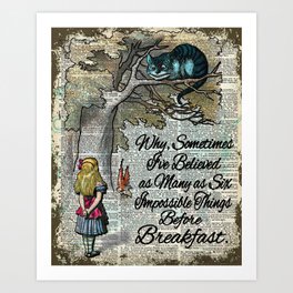 Vintage Alice in Wonderland and Cheshire cat dictionary art background Art Print