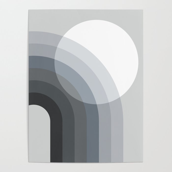 Mid Century Modern Geometric 80 in Charcoal, Grey and Navy Blue (Sun and Rainbow abstraction