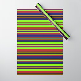 [ Thumbnail: Chartreuse, Red, and Midnight Blue Colored Striped Pattern Wrapping Paper ]