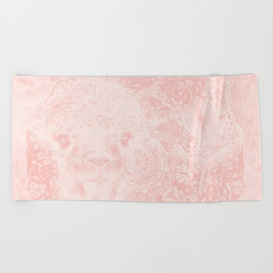 Ghostly alpaca and butterfly with mandala in Rose Quartz Beach Towel