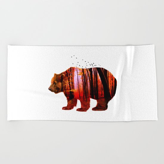 Bear in red forest Beach Towel