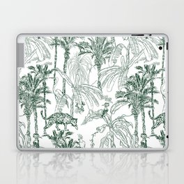 Seamless Pattern Vintage Lithograph Sketch Drawing Wildlife Leopard Animal, Hoopoe, Cockatoo Parrots and Crane Birds in Banana Palm Trees Jungle Rainforest Etching Hand Drawn Textile Design Laptop Skin