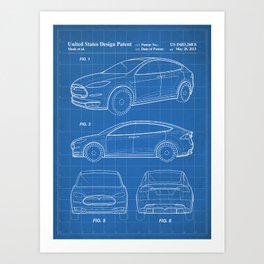 Tesla Model S Patent - Tesla Art - Blueprint Art Print