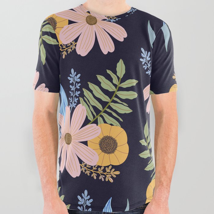 Soft Pink and Buttermilk Yellow Floral Pattern Navy Blue Background All Over Graphic Tee
