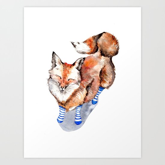 Smiling Red Fox in Blue Socks Art Print