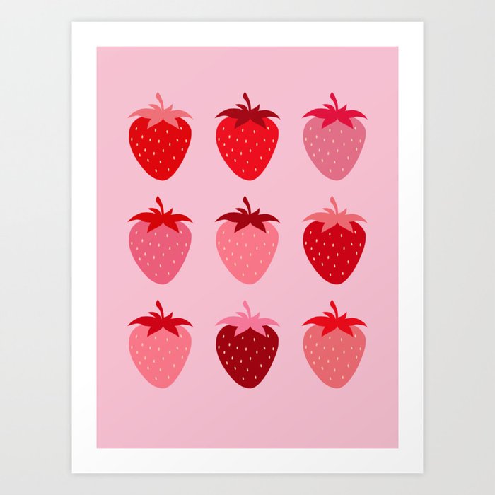 Abstract Retro Fruit Print Pink And Red Aesthetic Modern Preppy Strawberries Art Print