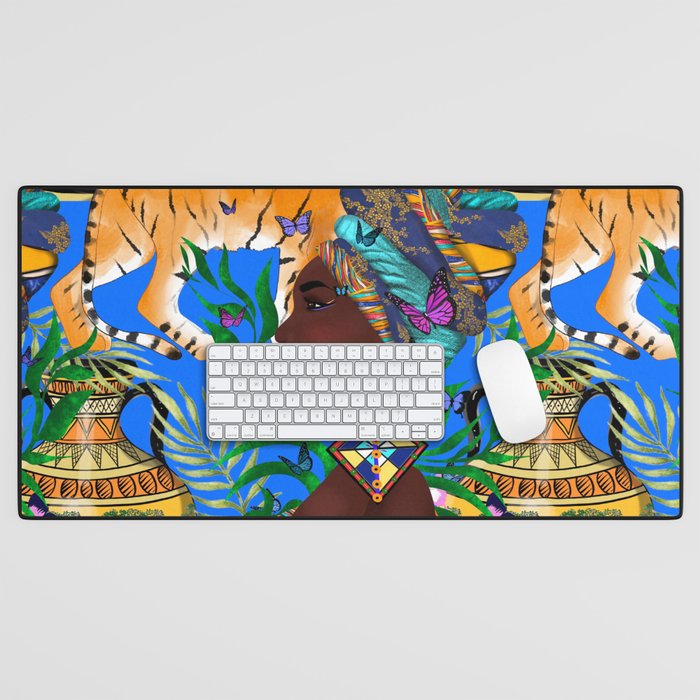 African woman,tiger,exotic pattern,blue background ,blue background  Desk Mat