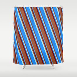 [ Thumbnail: Turquoise, Blue, Maroon, and Sienna Colored Lines Pattern Shower Curtain ]