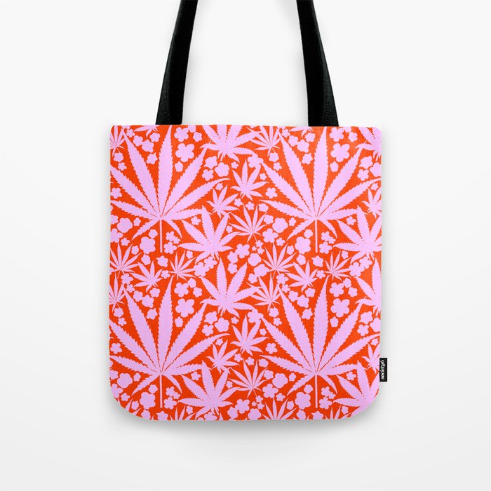 Retro Modern Cannabis Leaves And Flowers In Pastel Pink On Cherry Red Floral Botanical Pattern Tote Bag