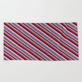 [ Thumbnail: Maroon, Plum & Dim Grey Colored Lined/Striped Pattern Beach Towel ]