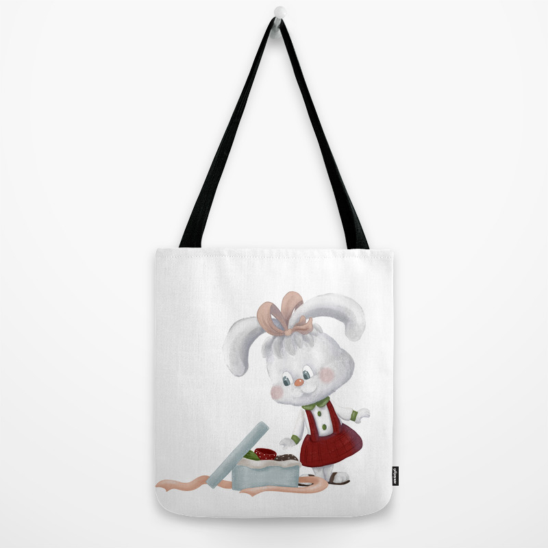 Cute little rabbit packing gift box with beige ribbon. Illustration in  cartoon style. Tote Bag by Elena Shmoylova | Society6
