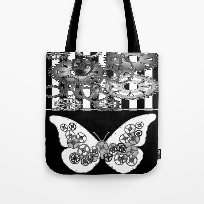 Black White Clockwork Butterfly Abstract Art Tote Bag By