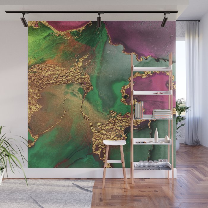 Trendy Glitter Gold Green And Pink Paint Texture Wall Mural By Dec02