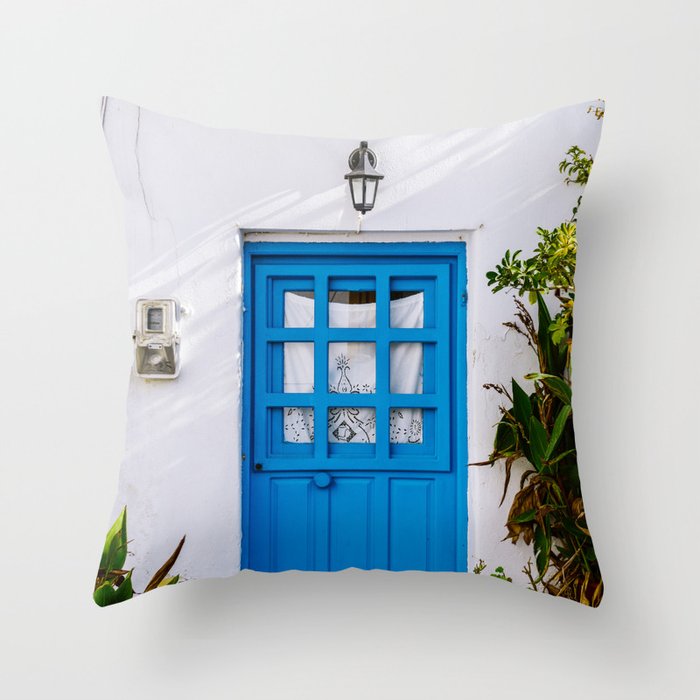 The Blue Greek Door | Mediterranean Travel Photography Fine Art  Throw Pillow