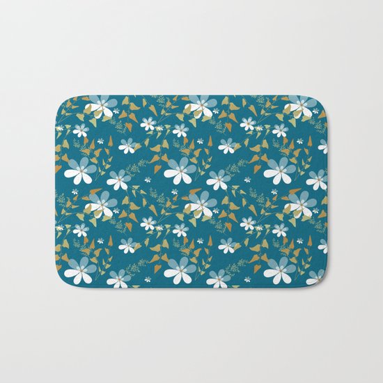 White flowers on a blue background . Bath Mat