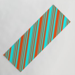 [ Thumbnail: Red & Cyan Colored Lined/Striped Pattern Yoga Mat ]