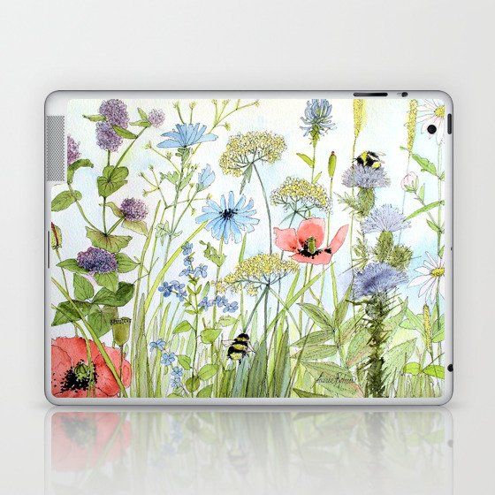 Floral Watercolor Botanical Cottage Garden Flowers Bees Nature Art Laptop & iPad Skin