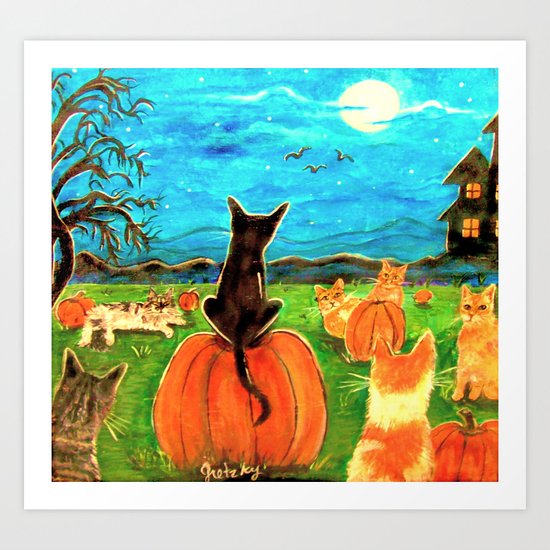 Seven Cats in Pumpkin Patch Art Print