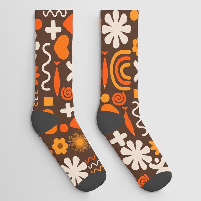 Cute Miscellany Rainbow Floral Pattern in Retro 70s Brown and Orange Socks