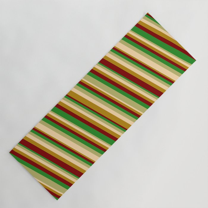 Eye-catching Forest Green, Dark Khaki, Tan, Dark Goldenrod & Maroon Colored Stripes Pattern Yoga Mat