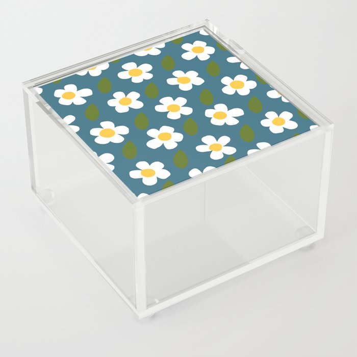 Little White Flowers Retro Modern Floral On Midnight Blue Acrylic Box