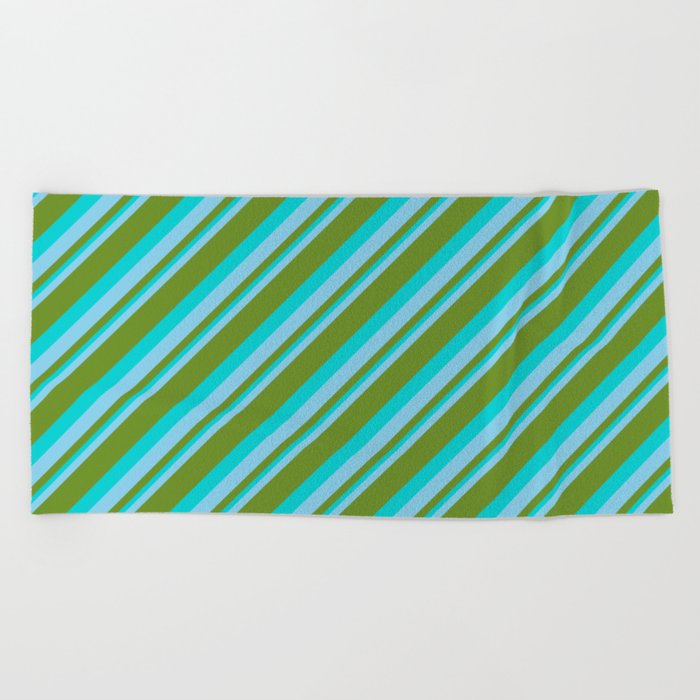 Sky Blue, Green & Dark Turquoise Colored Striped Pattern Beach Towel